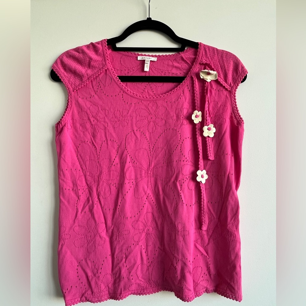 Hot pink Escada top with leather flower appliqué. Size S